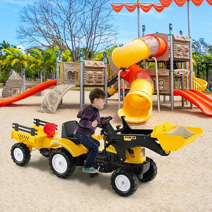 Olakids Kids Ride on Excavator, Pedal Digger Car Bulldozer with Manual Control Bucket, Detachable Cargo Trailer, Shovel, Rake, 6 Wheels, Horn, Construction Tractor for Toddlers 3+