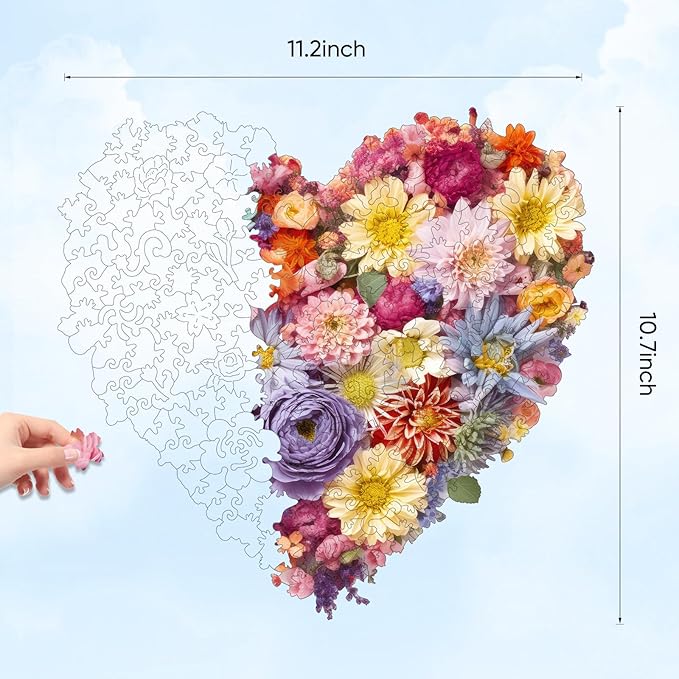 Flower Heart Wooden Jigsaw Puzzle for Adults and Kids 200 Pcs Unique Shape Wood Multicolor Beautiful Box Fun Challenge Brain Health Family Game Creative Gift for Friends Rompecabezas madera