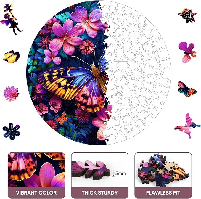 Colorful Butterfly 500 Pieces Wooden Jigsaw Puzzles for Adults with Unique Irregular Shape Fun Challenging Puzzles for Kids and Couples on Birthday,Children's Day,Christmas,16.7"x16.7"