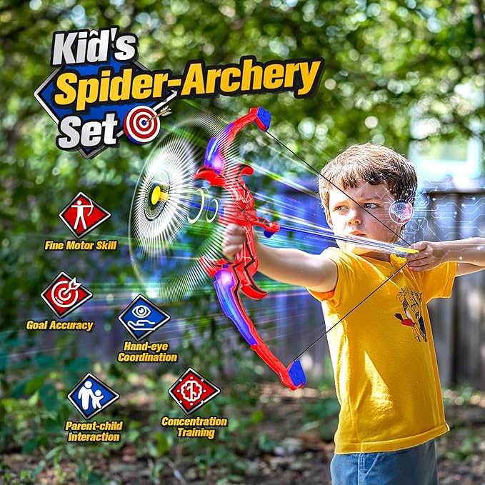 Spider Bow and Arrow for Kids, 2 Pack Archery Target Outdoor Toys Age 5-7 8-13 Boys Toys Light Up Shooting Games for 4 5 6 7 8-12 Year old Boy Birthday Gifts Bow Arrow Indoor Cool Stuff for Kid