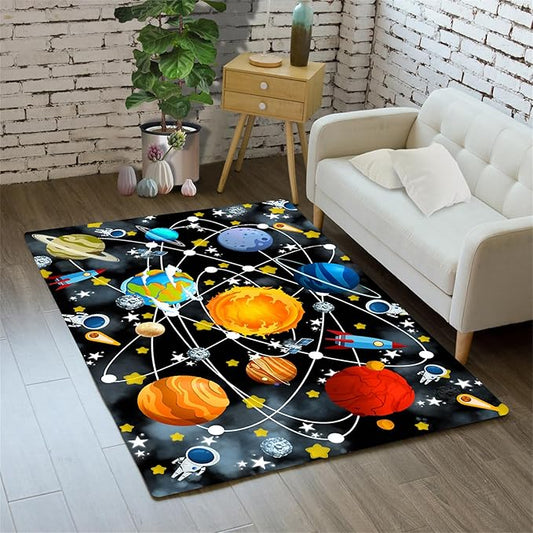 Outer Space Rugs Small Size Universe Solar System Planet Theme Carpets Kids Rugs for Playroom Educational Learning Area Rug for Living Room Bedroom Indoor Crystal Polyester Floor Sofa Mats, 2'×3'