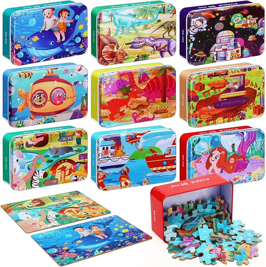 Libima 9 Boxes Party Favors Jigsaw Puzzles in a Metal Box for Age of 4-8 Wooden Puzzle for Ages 4-8 Boys and Girls Learning Educational Toys 9 Styles(Lovely Style)