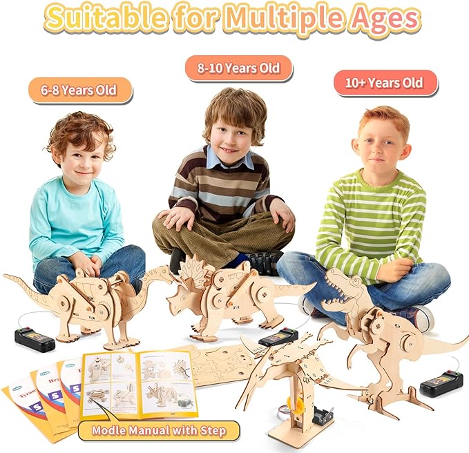 Dinosaur STEM Kits for Kids Ages 6-8-10-12, 4 in 1 Wood Building Toys for Boys Age 8-12, Build It Yourself Woodworking Kit, DIY 3D Wooden Puzzles Model Science Crafts for Kids, Stem Projects