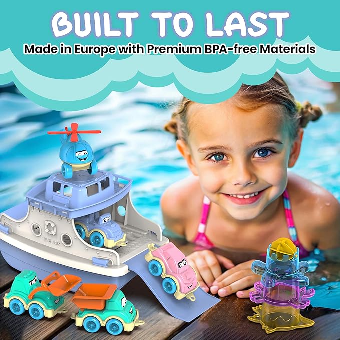 Ferry Boat Bath Toys Set for Kids 15 Pcs | Includes Ferry, Cars, Trucks, Helicopter, Stacking Cups & Toy Animals for Baby Boys & Girls | Water Bathtub Indoor Games for Toddlers | Kids Ages 1+