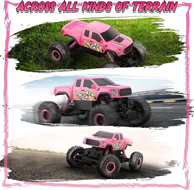 Double E Raptor F150 RC Car 4WD 2 Motors Monster Trucks for Girls, 11 Inches Off Road Crawler Vehicle Truck Toy with Rechargeable Battery Gift for Kids 6 7 8 9 10 11 12 Years-Pink