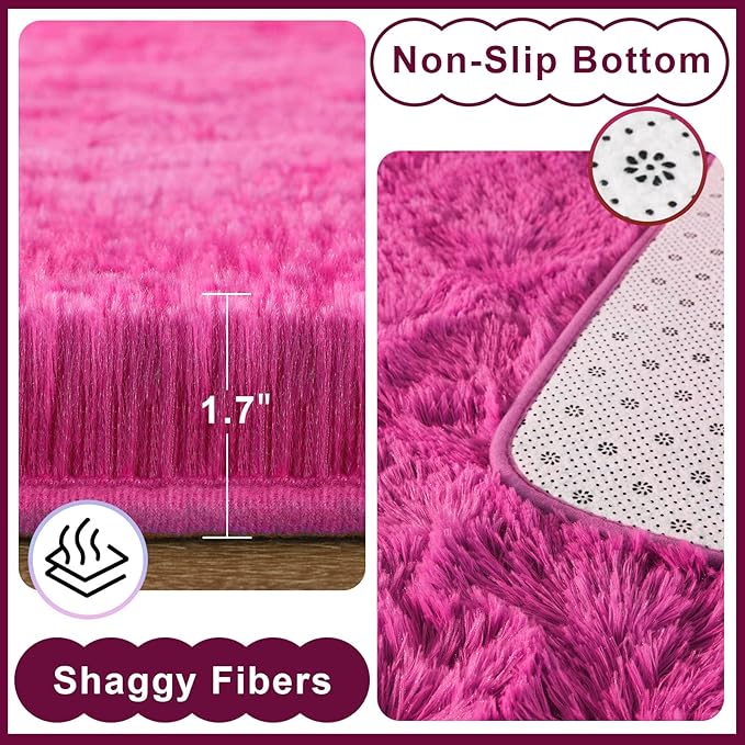 Ompaa Fluffy Runner Rugs, 2x6 Feet Hot Pink, Super Soft Shaggy Carpet Fuzzy Long Fur Rug for Bedroom Living Room Dorm, Plush Kids Playroom Baby Girls Nursery Decor Mats