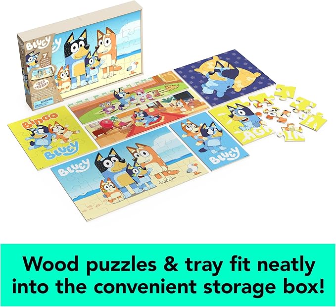 Spin Master Games, Bluey Puzzles 7-Pack, Wooden Jigsaw Puzzles for Preschoolers, 12, 16, & 24 Pieces, Storage Tray, Bluey Toys, Easter Basket Stuffers, for Ages 4 & Up