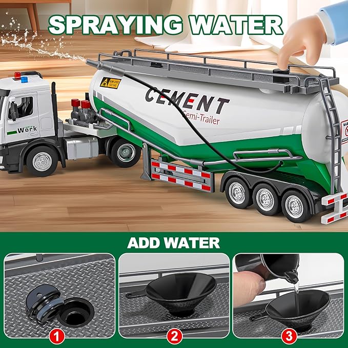 Semi Truck Toy for 3 4 5 6 7 Years Old Boys Toddlers, Large Tanker Truck with Metal Cab, Lights and Sounds, Working Water Pump, Friction Powered Tractor Trailer Car for Kids,18.2"