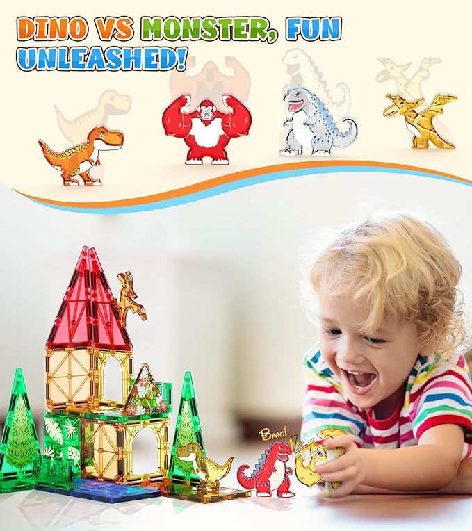Dinosaurs Toys Magnetic Tiles for Kids 3-5, Dino,King Kong and Godzilla Animals World Construction Tile for Toddlers Ages 5-7, Magnet Building Blocks for Boys Girls Ages 3+ 4-8 8-12 Year Old