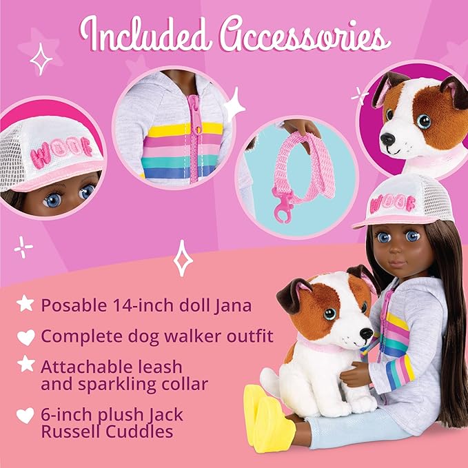 Glitter Girls - Jana & Cuddles 14-inch Poseable Fashion Doll-plush Dog Pet - Dolls for Girls Age 3 & Up