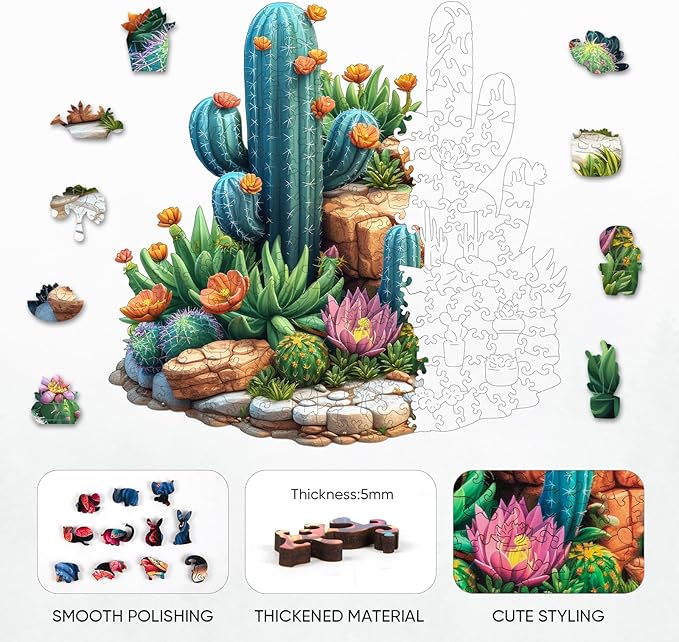 Succulent Cactus Wooden Puzzles for Adults, 500 Pieces Jigsaw Puzzles, Unique Shaped Medium Size Liberty Wood Puzzle Gift for Adults and Kids, Family Game 16.7'' x 16.2''