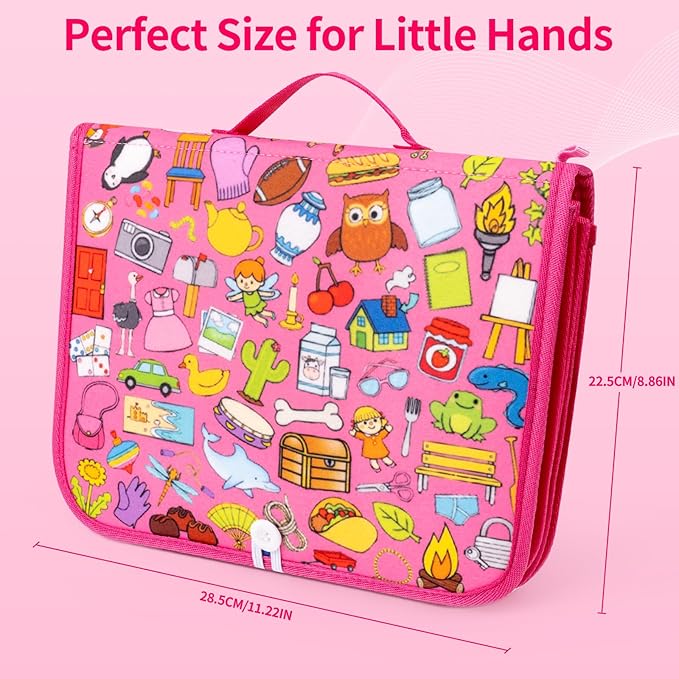 12-page Busy Board Montessori Toddler Toys for 1 2 3 4 Years Old, Busy Book for Toddlers 1-3 Girl Birthday Gift, 24 in 1 Activity Sensory Toys for Motor Skills, Travel Toy for Car Airplane (Pink)