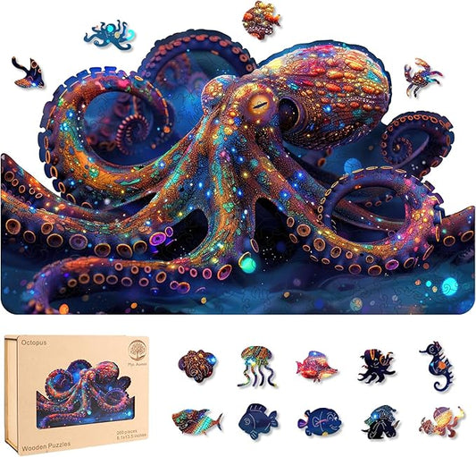 Wooden Jigsaw Puzzle for Adults and Kids Unique Shape Wood Colorful Beautiful Box Fun Challenge Brain Health Family Game Creative Gift for Friends Rompecabezas Madera(Octopus 200pcs)