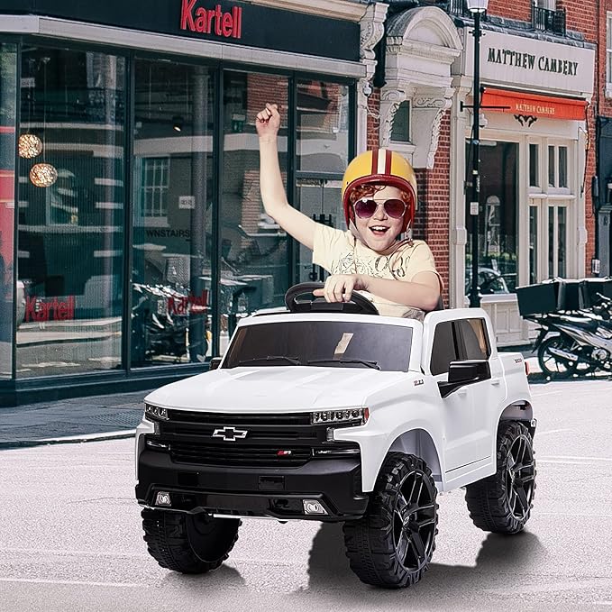 12V Ride on Car for 3-6years, Battery Powered Licensed by Chevrolet Silverado GMC Kids Ride On Truck, Toddler Electric Vehicles Toys w/RC, MP3/Bluetooth, Spring Suspensionfor Boys and Girls(White)