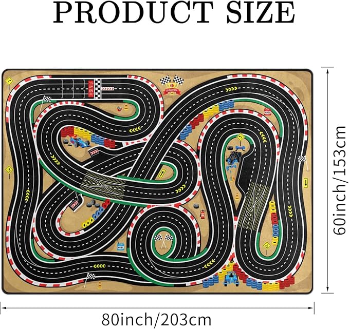 Racing Games Rug, 5x7 Ft Kids Carpet with Rubber Backing, 3D Cross Country Road Race Track Playmat Rugs Racing Karting Start and Finish line Play Mat Nursery Rugs for Children Room, Playroom