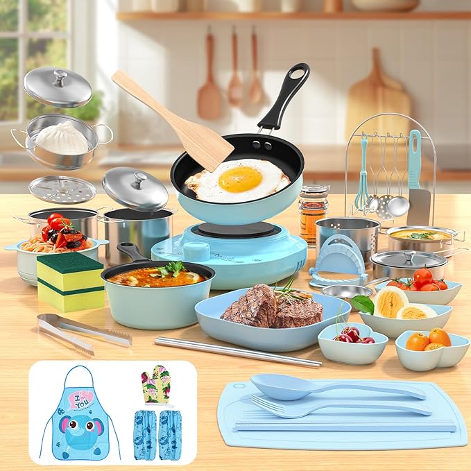 Kids Cooking Sets Real, Kid Safe Montessori Mini Tools Includes Stove Burner, Knife ect for Aged 8-12 Boys Girls Food Making, Easy for Beginners, Education Toys-Blue