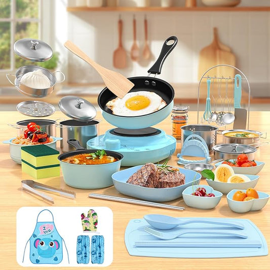 Kids Cooking Sets Real, Kid Safe Montessori Mini Tools Includes Stove Burner, Knife ect for Aged 8-12 Boys Girls Food Making, Easy for Beginners, Education Toys-Blue