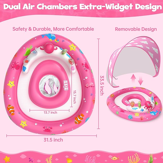 ZIZZ Baby Pool Float with Canopy - 2025 New Inflatable Baby Swim Float with UPF50+Sun Protection, Baby Infant Pool Float with Toy Play Console Adjustable Seat for Toddler Kids Aged 6-36 Months