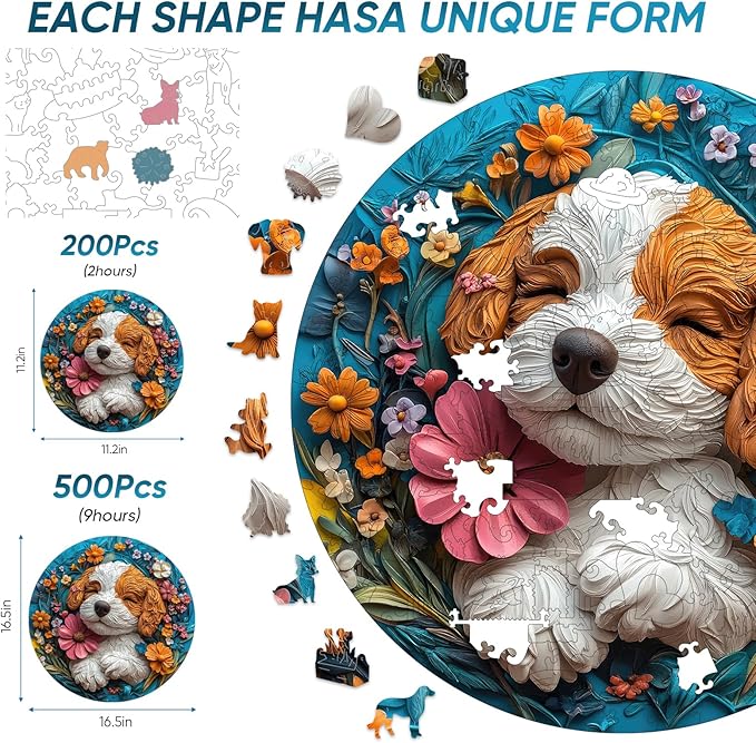 Pet Wooden Puzzle for Adults 500 Piece- 3D King Charles Spaniel Dog Wooden Jigsaw Puzzles, King Size Family Reunion Puzzle for Adults and Kids, Best Gift Toys for Lovers Friends Family
