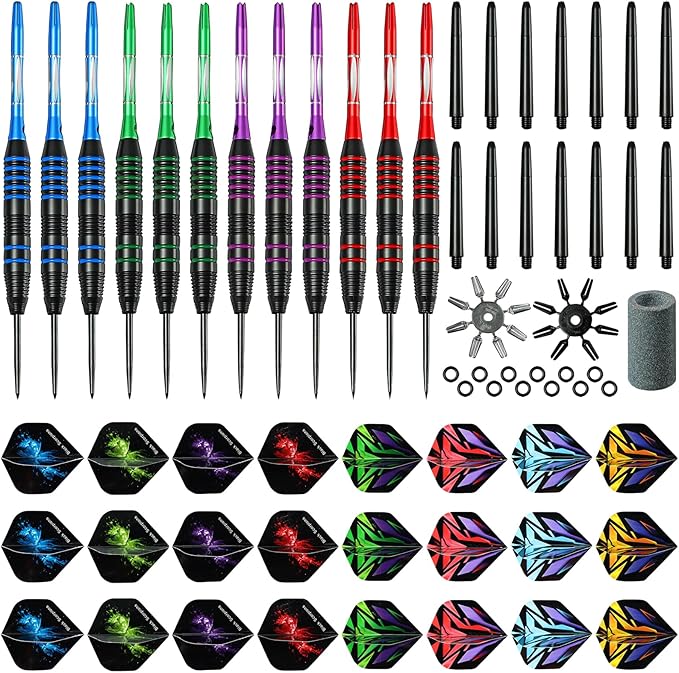 Darts Metal Tip Set Professional Metal Darts for Dartboard Steel Tip Darts with Nonslip Iron Barrel Aluminum Dart Shafts,Extra Flights,Dart Sharpener,Gift Box
