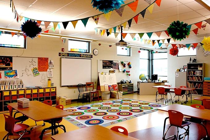 HUAHOO Small Classroom Rug Elementary Preschool Learning Carpet Seating Rug for Kids Room with Non-Slip Backing, 5' x 7'6", Rainbow Circles Gray