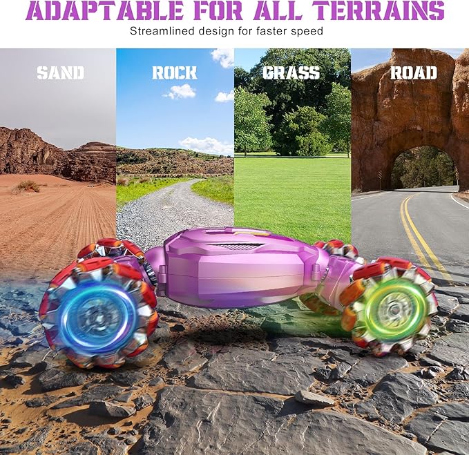 Gesture Sensing RC Stunt Car, Boys Girls Ages 6-12 Birthday Gift Ideas, 4WD Transform Off Road for Rotating Hand-Controlled 2.4Ghz Remote Control Twist Cars with Lights and Music Purple