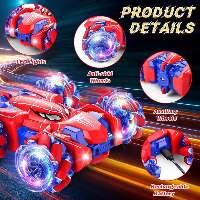 Spider Remote Control Car, 2.4Ghz RC Cars with Headlight Double Sided Off-Road 360° Rotating Rechargeable 4WD RC Stunt Car Indoor Outdoor Spider Toys for Boys 4-6 5-7 8-13