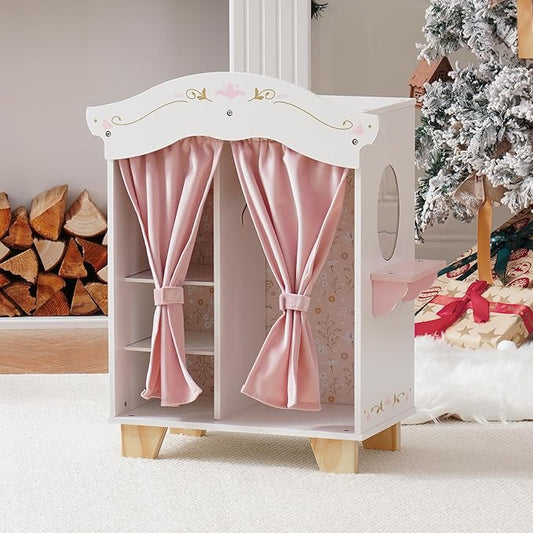 ROBOTIME 18in Doll Closet, Wooden Doll Closet Wardrobe, Pink Doll Wardrobe Closet Fits 16-18in American Girl, Gift for Boys & Girls
