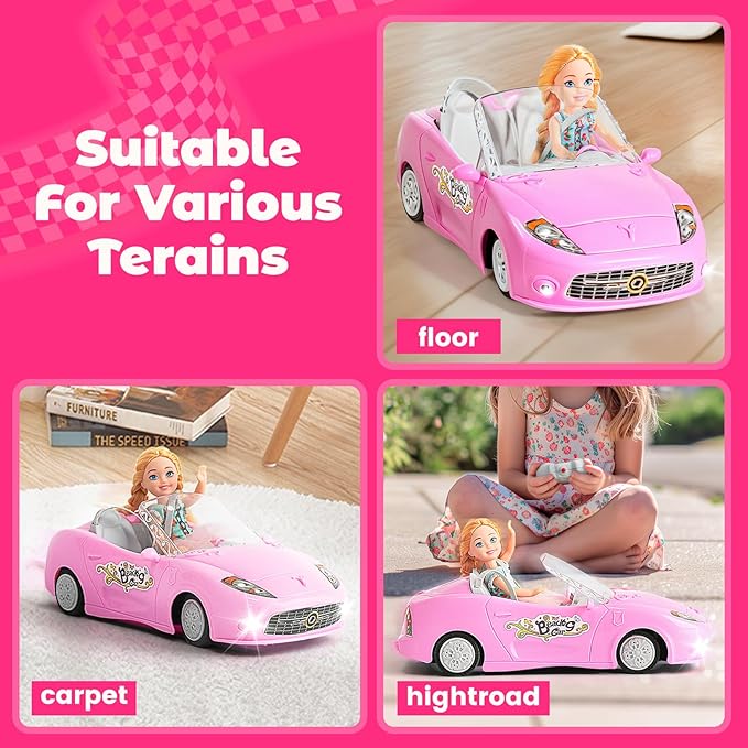 Pink Remote Control Car for Girls, 2.4Ghz Racing for Toddler, 1:18 RC Toys for Kids with Doll, 100 mins with Rechargeable Battery, Birthday for Grils