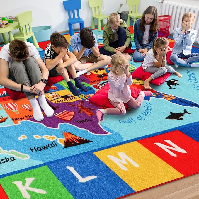 Classroom Carpets Kid Rug,13.3'×7.7' USA Map Classroom Rug for Kindergarten Primary School, Preschool Mat for Classroom Learning Area Nylon Non-Slip Latex Backing 157"×91"