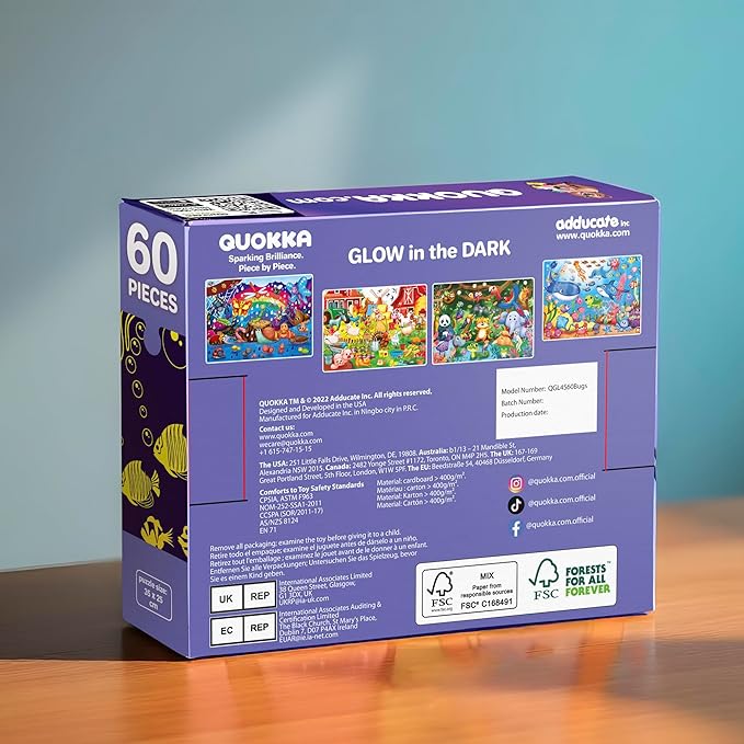 QUOKKA 4x60 Piece Puzzles for Kids Ages 4-6 – Glow-in-The-Dark Puzzles for Kids 4-8 I Farm Bugs Tropical & Ocean Animals I Fun Educational Toddler Puzzle for Boys & Girls – Educational Game Toys Gift