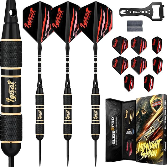IgnatGames Steel Tip Darts Set - 3/6/12 Pack Brass Darts Metal Tip Set with Exquisite Case - Aluminum Shafts, 2 Sets of Flights, Dart Tool & Sharpener