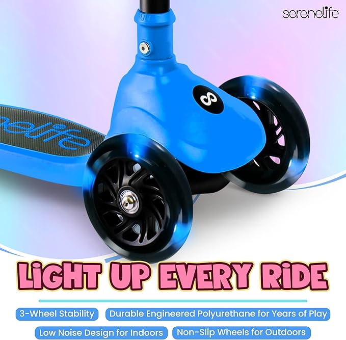 SereneLife 3 Wheel Foldable Kids Scooter - Foldable Seat, LED Wheel Lights, Adjustable Handlebar, Rear Foot Brake, Lean-to-Steer, Anti-Slip Deck, Ideal for Toddlers Kids 3+, up to 110Lbs