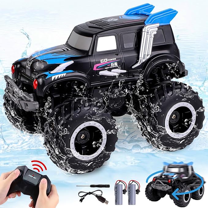 Amphibious Remote Control Cars, 1/20 Stunt RC Rock Crawler Monster Truck Toy with Two Alternative Rechargeable Batteries, All-Terrain 4WD Off-Road Vehicle Toys Gift for Boys Kids Age 8-12 Blue