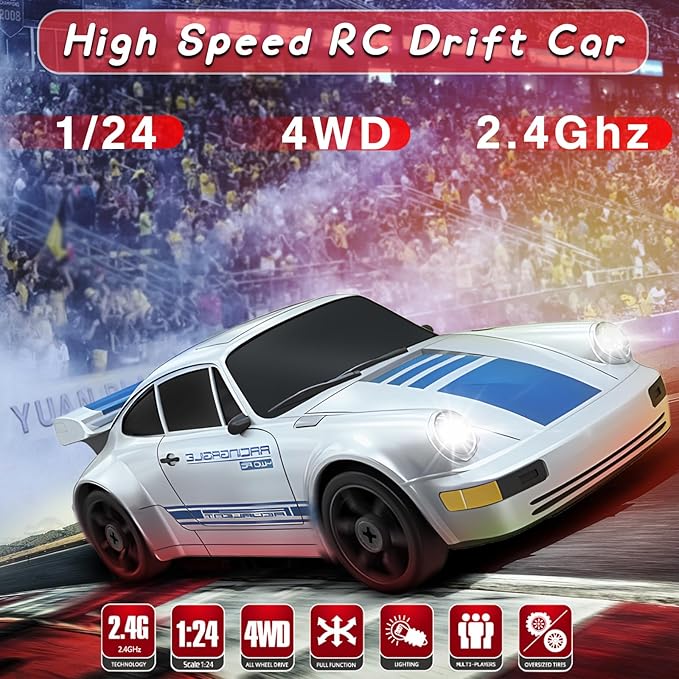 RC Drift Car, 2.4GHz Remote Control Car with LED Light, 1/24 4WD High Speed Drifting RC Cars with Two Rechargeable Batteries and Drift Tires, Toy Cars for Kids Adults, Silver