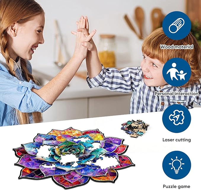 Stained Glass Succulent Wooden Puzzles for Adults, 500 Pieces Mandala Jigsaw Puzzles, Unique Shaped Royal Size Wood Puzzle Gift for Kids, Family Game 16.4'' x 16.7''
