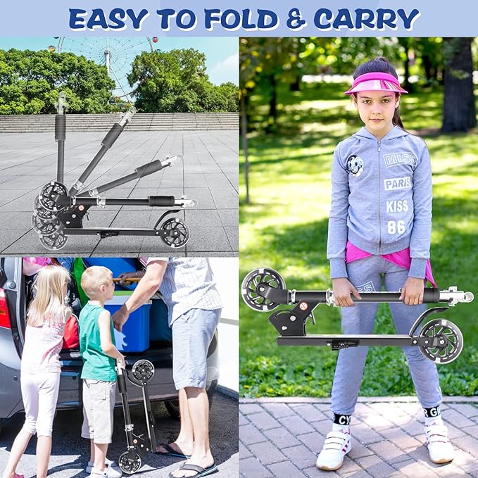 Scooter for Kids Ages 3-12 - Kids Kick Scooters with Led Light Up Wheels & 3 Levels Adjustable Handlebar, Lightweight Foldable 2 Wheel Girly Pink Scooter Christmas Birthday for Girls Boys.