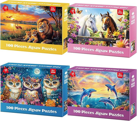 4-Pack Puzzles for Kids Ages 6-8 8-10 Year Old - Lions Horses Owls Dolphins, Large Piece Puzzles for Seniors, 100 Pieces Jigsaw Puzzles for Kids Ages 4-6, Learning Educational Toys for Boys and Girls