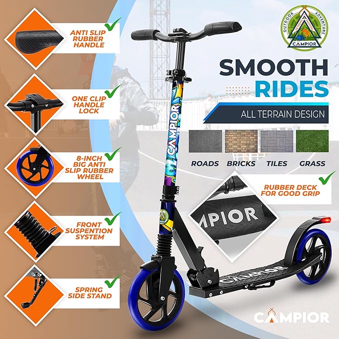 Kick Scooter for Ages 6+, for Kids, Teens, and Adults, Max Load 240 LBS, Foldable, 8-inch Big Wheels for Kids and Adults, with Kickstand, 3 Adjustable Levels, Child Safety Approved, Tree