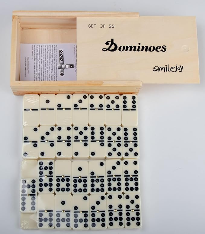 Smilejoy Dominoes Set for Adults, Double Nine Domino Set for Classic Board Games, Dominoes Double 9 for Family Games with Natural Wooden case with Spinner 55pcs