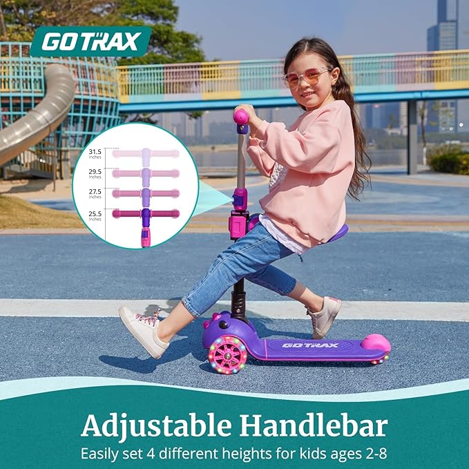 Gotrax KS3 Pro Folding Kick Scooter for Kids, One Key Removable Seat & 3 Extra Wide PU Light-Up Wheels and Anti-Slip Deck, Adjustable Height Handlebar and Lean-to-Steer Scooter for Children Aged 2-8