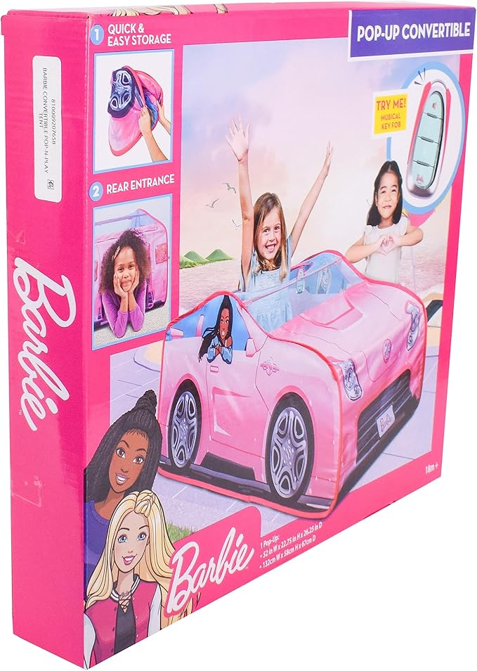 Barbie Convertible Pop Up Tent - Pink Princess Playhouse Car Toy with Sounds & Key Fob, Indoor and Outdoor Play