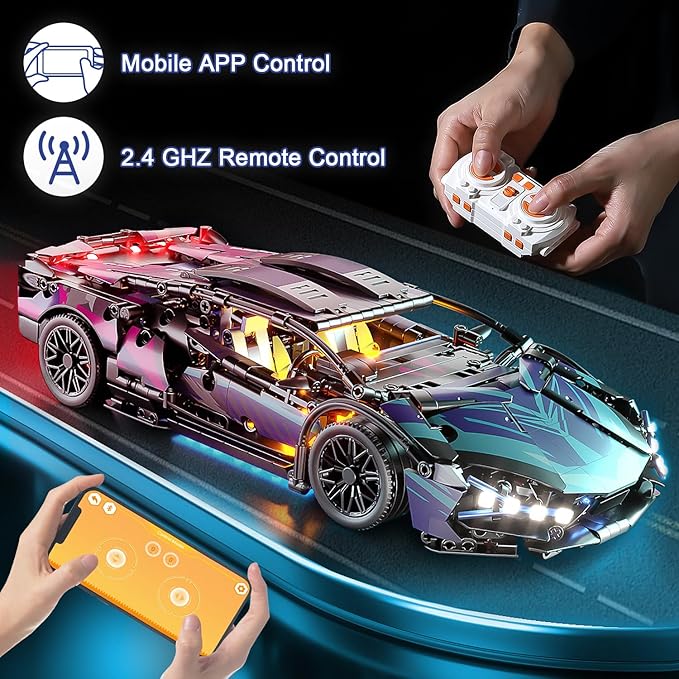 Sport Car Building Block Sets for Adults, Technical Remote Control APP Race Car with LED Lights,Collectible 1:14 Model Scale Engineering Toy Men Teens Boys Birthday Gift Age 8+ 8-12 12 13 14
