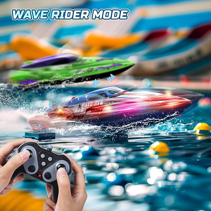 DEERC 2 Pack 13 inch Remote Control Boat for Kids, 4 Batteries, 2.4Ghz RC Racing Boat with LED Lights for Pools and Lakes, Summer Water Toy Gift for Boys 8-12