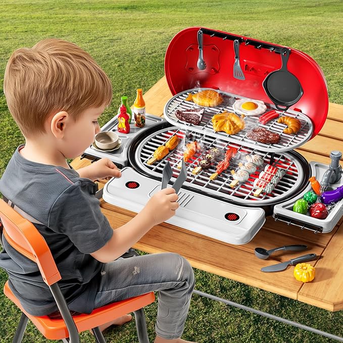 Kids Play Kitchen Toys, BBQ Grill with Smoke for Kids Ages 3 4 5 6 7, 2-Layer Barbecue Toys Play Food Set with Sound Light, Indoor Outdoor Cooking Toy for Boys Girls 3-5, Birthday Gifts