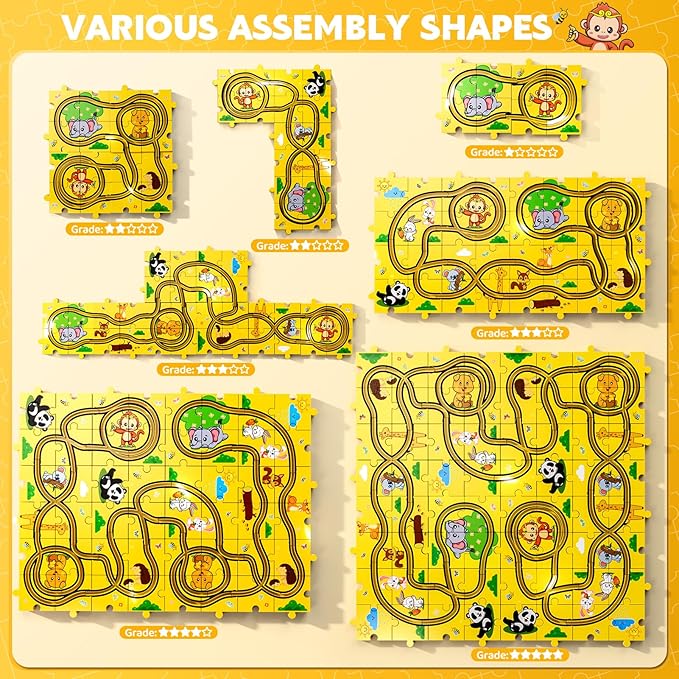 64 PCS Puzzle Race Cars Track Set Toys for Kids Boys, Puzzle Racer Kids Car Track Set Ages 3-5 4-6, Toys Gifts for 3 4 5 Year Old Boys, Ideal 3 4 5 Year Old Boys (Animals)