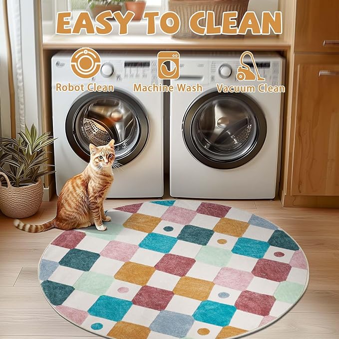 jinchan Round Rug 4ft Kids Washable Rug Colorful Trellis Indoor Floor Cover Non Slip Soft Modern Living Room Diamond Carpet for Nursery Room Bedroom Playroom Confetti on Cream