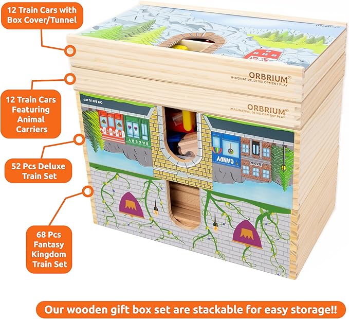 68 Pcs Fantasy Kingdom Adventure Wooden Train Set in Wooden Storage Box Unisex Children Toys Girls Boys 3 4 5 6 7 Years Compatible with Thomas, BRIO, Melissa and Doug, Imaginarium, IKEA