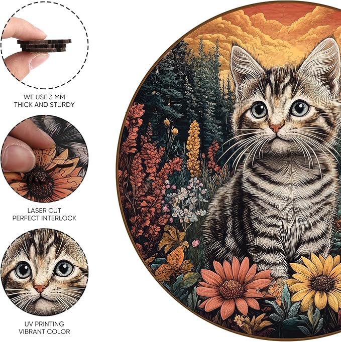 Wooden Puzzle for Adults - 3D Cat Pet Wooden Jigsaw Puzzles, 200 Piece Medium Size Family Reunion Puzzle for Adults and Kids, Exquisite Packaging, Best Gift for Family Friends 11.2x11.2 in