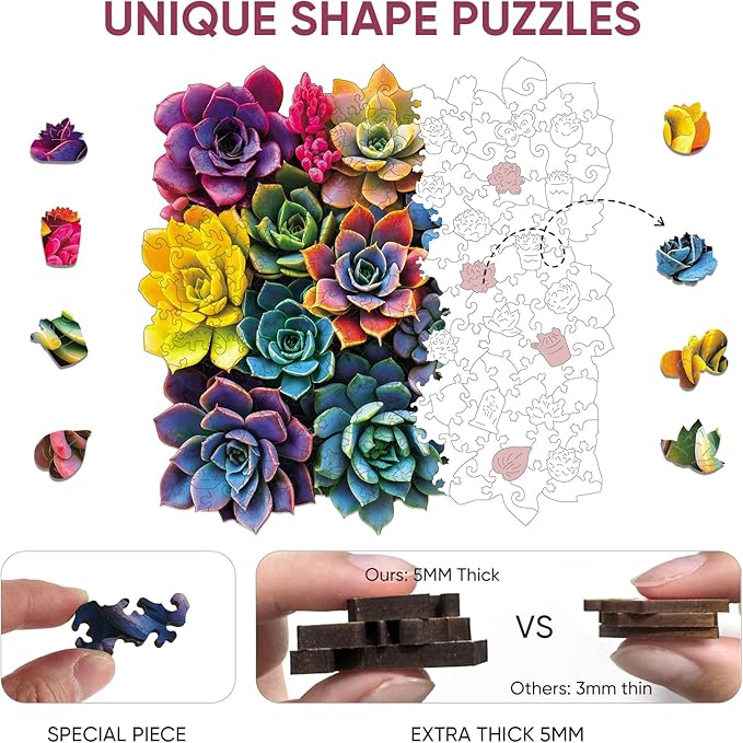 Puzzles for Adults 500 Pieces, Square Succulent Wooden Puzzles, 5MM Thick Unique Shaped Flower Jigsaw Puzzles Birthday Gifts for Kids Family Game 16.5 * 16.5inch